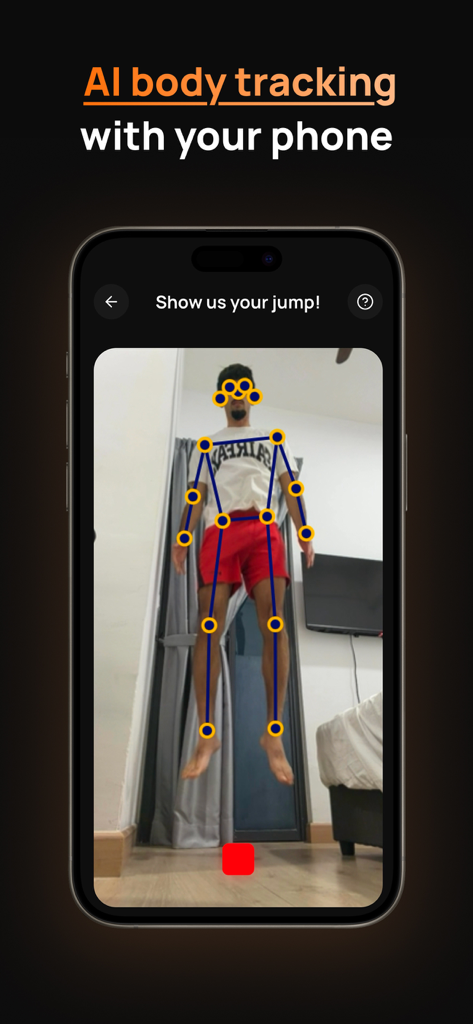 How2Jump: Jump Higher, Faster - Smartphone screen showing AI body tracking technology analyzing a person vertical jump