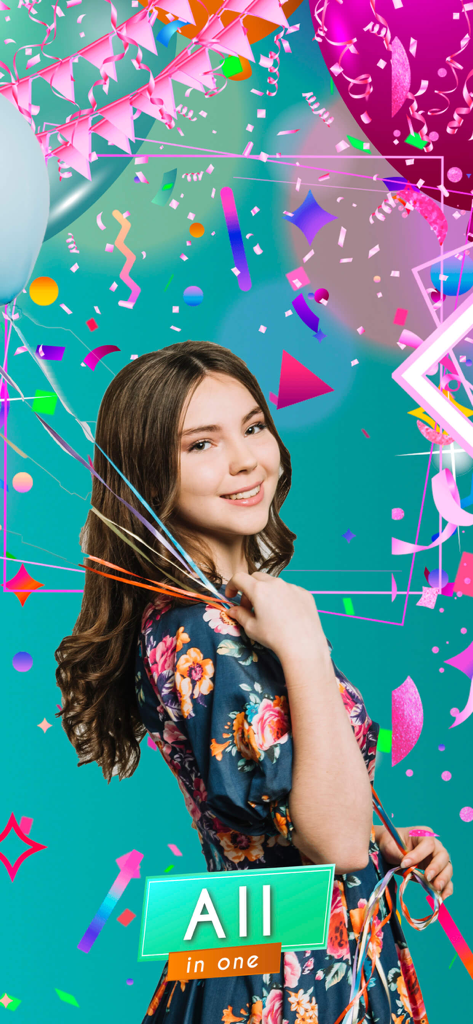 video invitations for birthday - Young woman with festive birthday decorations and animations in a video invitation maker app