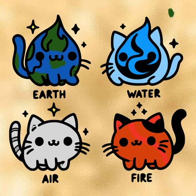 4 cats that represent the different elements, earth, water, air, and fire
