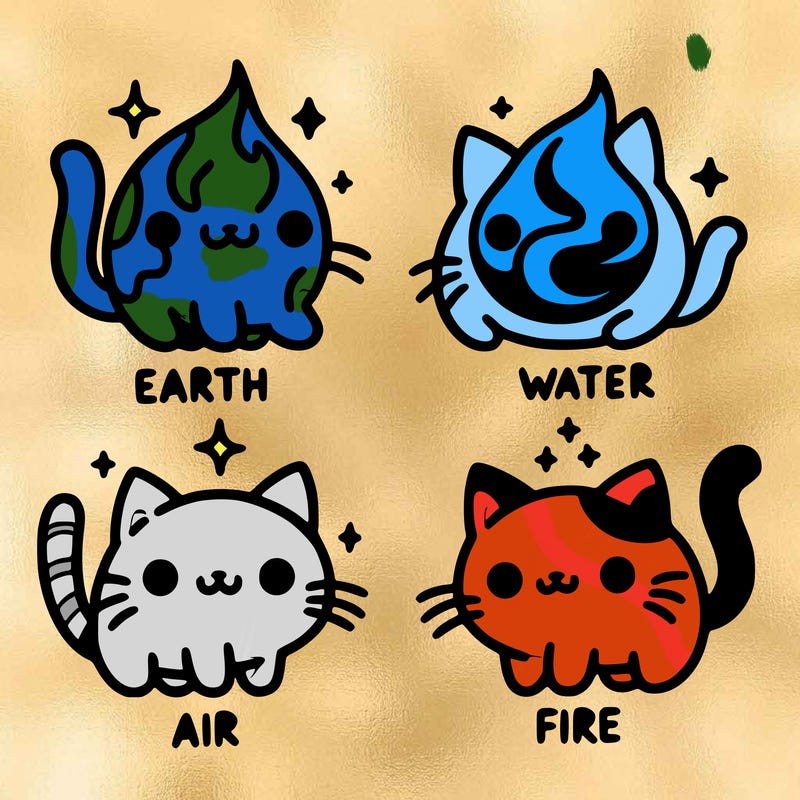 4 cats that represent the different elements, earth, water, air, and fire