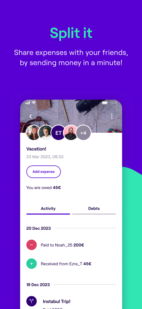 Interface de l'application mobile payzy montrant la fonctionnalité Split it pour partager les dépenses et suivre les dettes entre amis