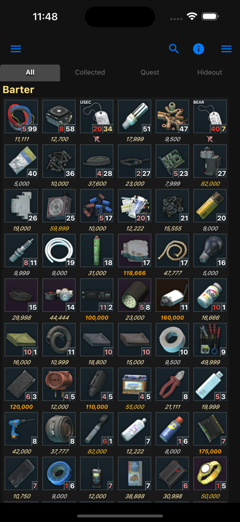 Escape from Tarkov barter items and market prices grid