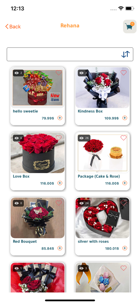 Sky Application - Sky Application Oberfläche mit einer Auswahl an Geschenkboxen und Blumensträußen