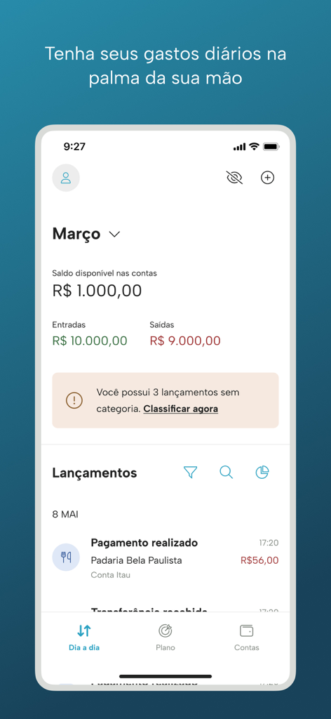 Dashplan - Dashplan app screen displaying monthly financial balance and recent daily spending transactions