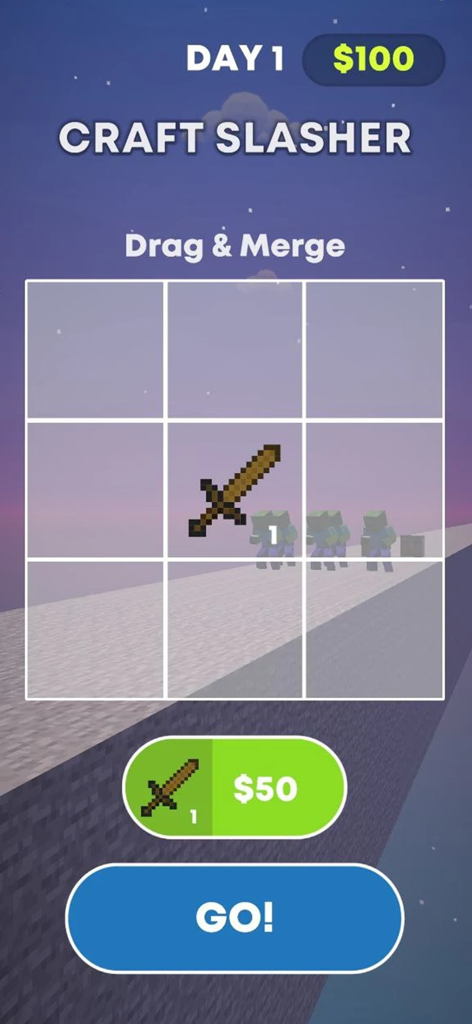 Craft Slasher - Craft Slasher gameplay showing a drag and merge grid for upgrading weapons and a wooden sword
