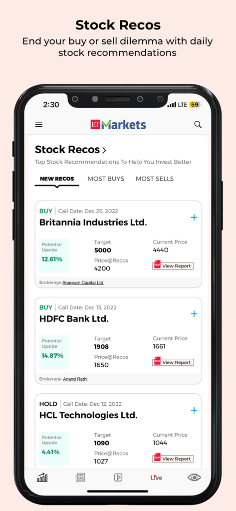 ET Markets app interface displaying daily stock recommendations and buy calls for the Indian stock market.