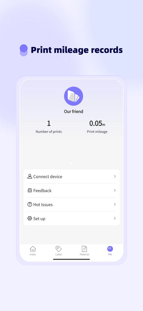Funny Print - The user profile screen of the Funny Print app displaying print mileage and number of prints.