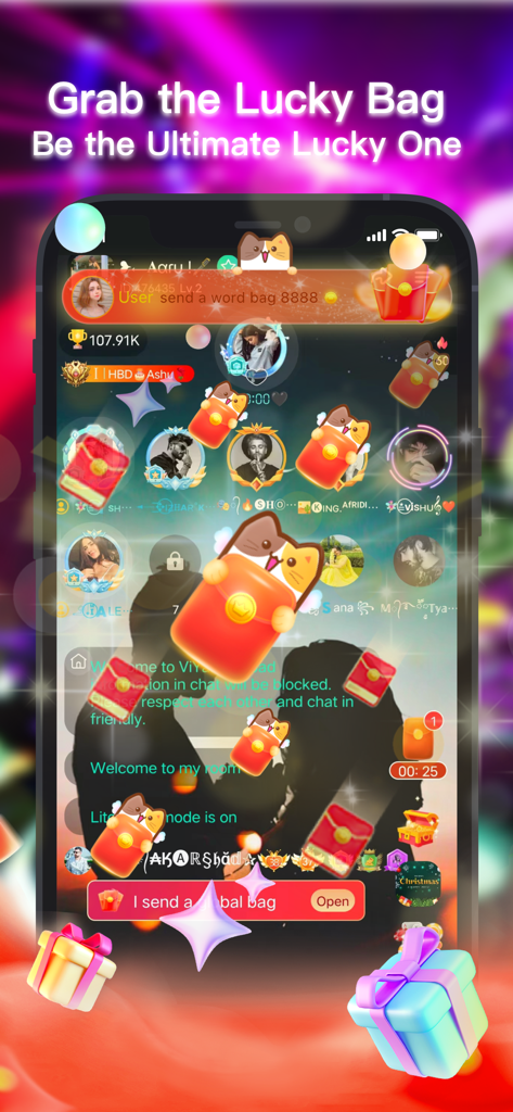 Interface de l'application ViYa montrant plusieurs récompenses de sacs porte-bonheur numériques et des icônes de chat dans un salon vocal de groupe