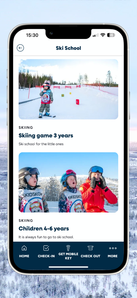 Stöten - Stöten mobile app interface showing ski school lesson options for young children and toddlers
