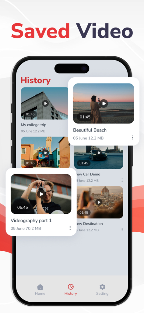 미리보기 이미지와 파일 세부 정보가 포함된 저장 및 편집된 동영상 프로젝트 갤러리 목록을 보여주는 Video Downloader 앱의 기록 탭