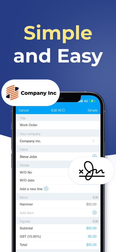 Mobile interface of Work Order Maker app showing an invoice and signature
