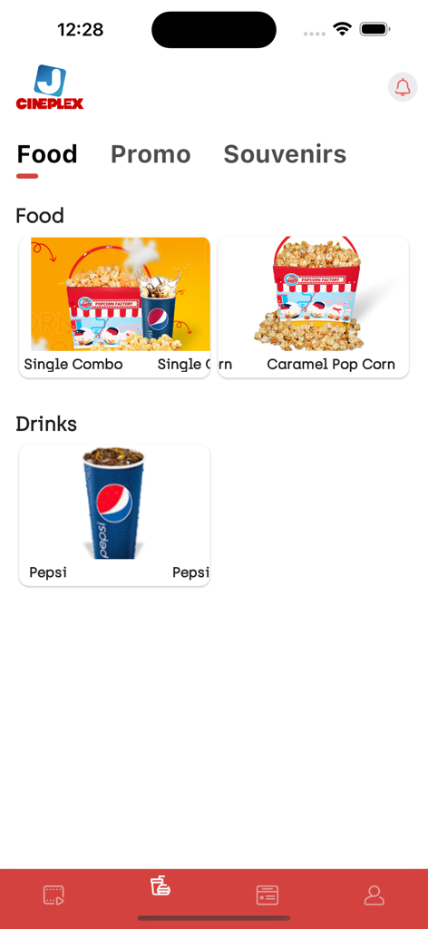 J Cineplex - Schermata dell'app J Cineplex che mostra il menu di cibi e bevande del cinema, inclusi popcorn e Pepsi.