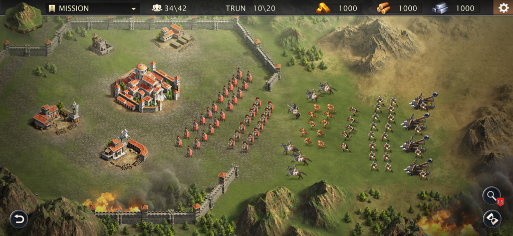 Taktische Schlachtfeldansicht einer römischen Stadt und militärischer Einheiten, darunter Legionäre und Kavallerie in einem Strategiespiel.