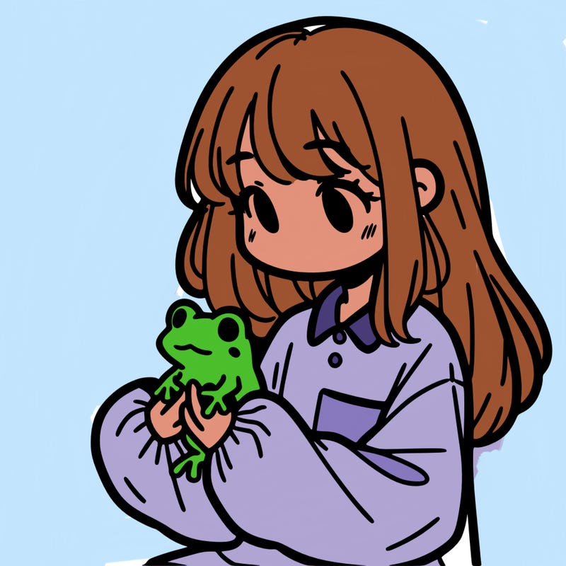 girl with long hair and a oversized shirt. and she is holding a frog