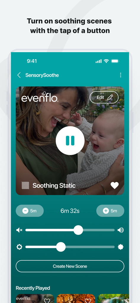 Evenflo - Tela SensorySoothe do aplicativo Evenflo com controles de volume e brilho para sons e luzes do bebê