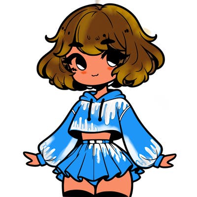 cute femboy with short, fluffy hair that softly frames their face, wearing a cropped hoodie, paired with a flouncy short skirt, and thigh-high stockings
