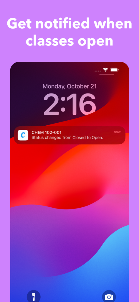 Smartphone lock screen showing a Coursicle app notification for an open class seat alert