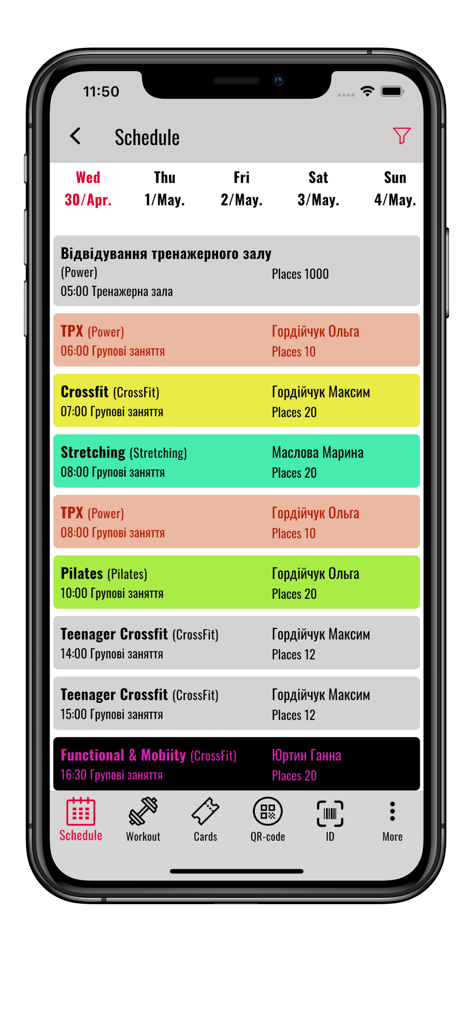 Viper Gym - Pantalla de interfaz de la app Viper Gym mostrando un listado de clases de fitness diarias con horarios e instructores.