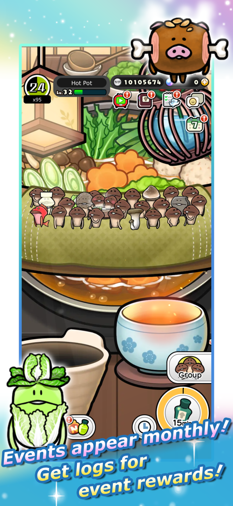 Everyone's Mushroom Garden - Jugabilidad de El Jardín de Hongos de Todos que muestra varios personajes de hongos en un tronco temático de olla caliente durante un evento mensual.