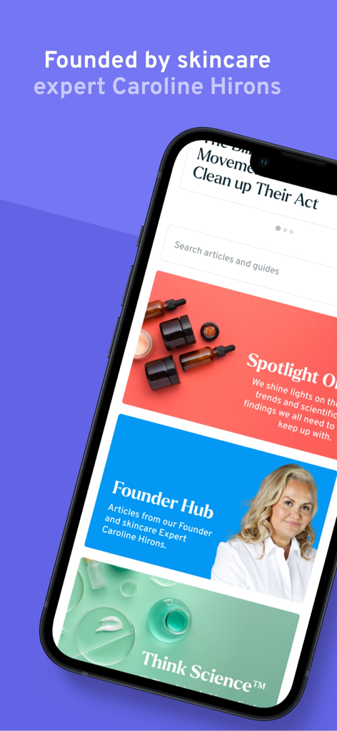 Skin Rocks - Skin Rocks app interface showing skincare articles and guides by founder Caroline Hirons