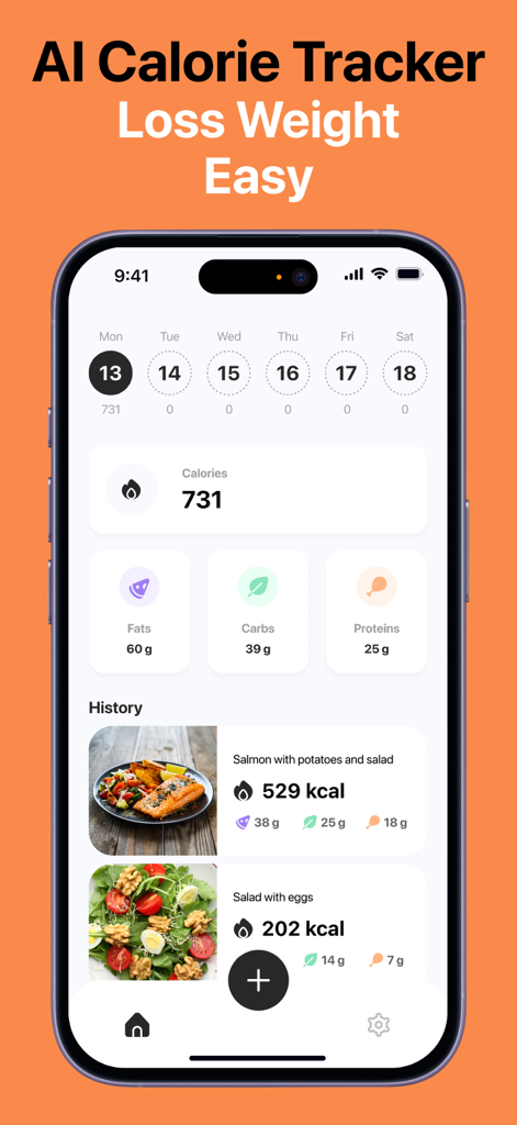 AI Calorie Counter by AI-Cal - AI Calorie Counter mobile app screen displaying daily calories macros and food tracking history