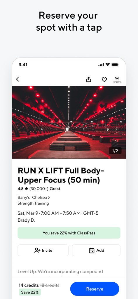 Interfaccia dell'app ClassPass che mostra una schermata di prenotazione di corsi di fitness per lo studio Barrys con costi in crediti e informazioni sui risparmi.