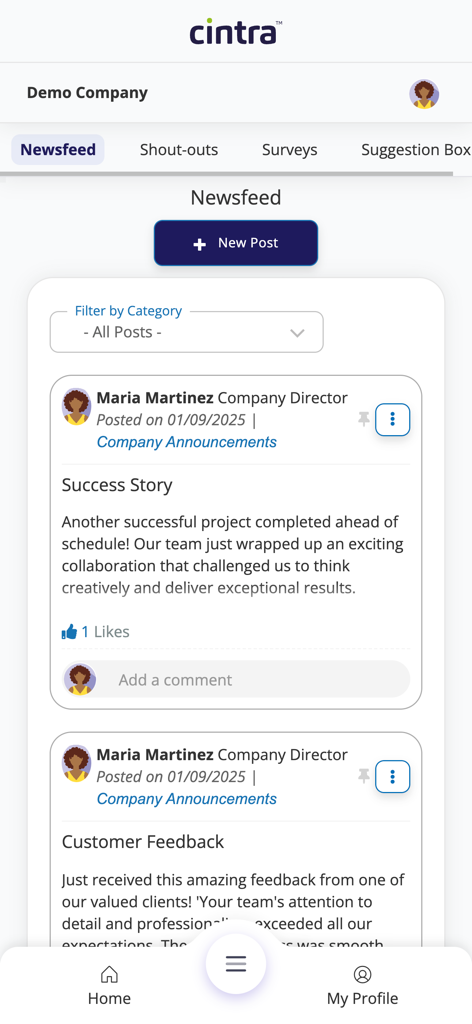 Cintra People HR - Mobile app interface of the Cintra People HR newsfeed showing company announcements and success stories