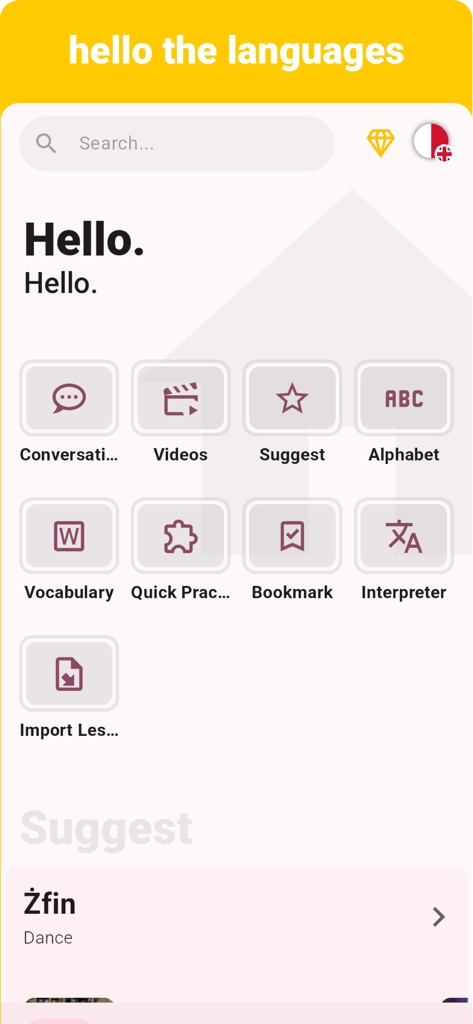 Interfaz principal de la aplicación de aprendizaje de idiomas malteses que muestra categorías de aprendizaje como vídeos, vocabulario y alfabeto.