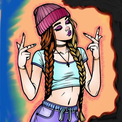 realistic teenage girl with braids and a beanie and crop top doing 🫶🏼