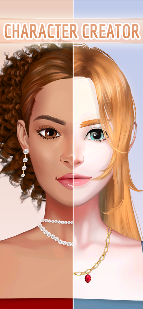 Avatar Maker: OC Dress Up Game - Una pantalla dividida que muestra dos avatares femeninos personalizados diferentes para demostrar la variedad del creador de personajes