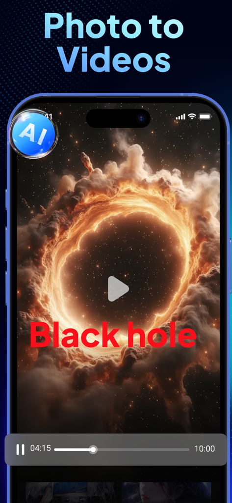 AI Video Generator - Vizmo AI - Interface of the Vizmo AI app displaying a cosmic black hole video generated from a photo with a 10 minute duration indicator
