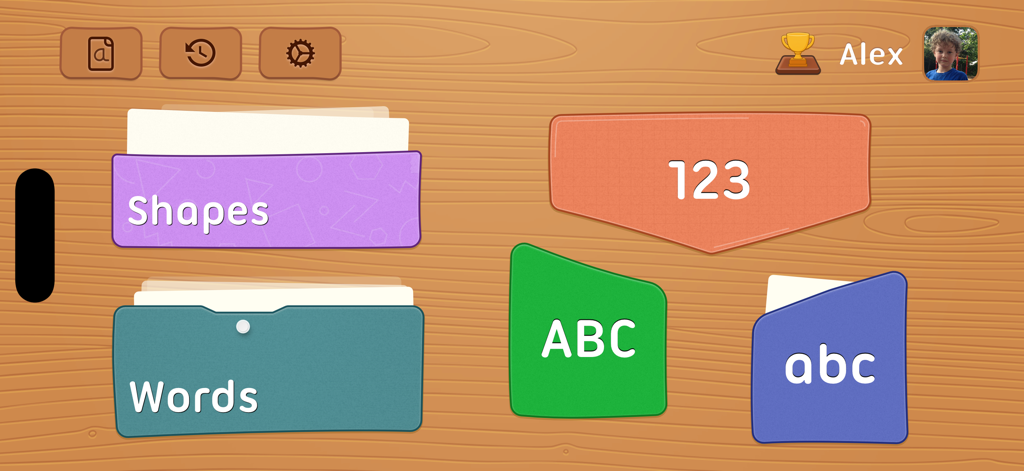 iTrace for Schools - Painel principal do iTrace para Escolas apresentando categorias de prática de escrita para letras, números, formas e palavras.