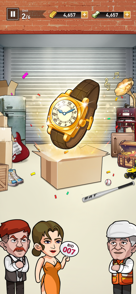Bid Master - A golden watch revealed as a prize from a storage unit auction in the game Bid Master.