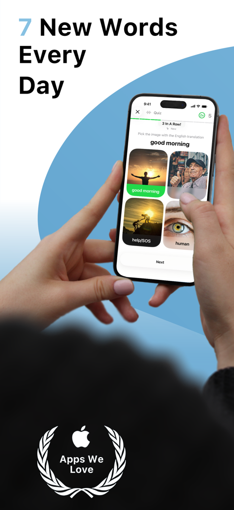 Learn English with LENGO - Interfaz de la aplicación Lengo que muestra un cuestionario visual de vocabulario para aprender siete nuevas palabras en inglés cada día