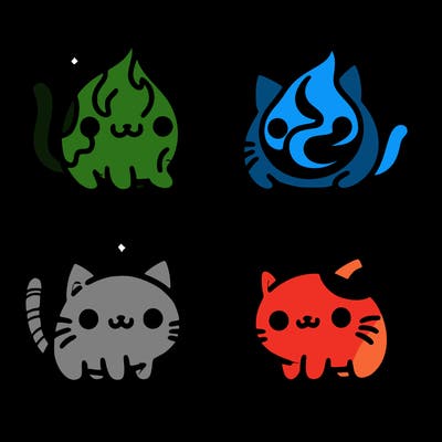 4 cats that represent the different elements, earth, water, air, and fire