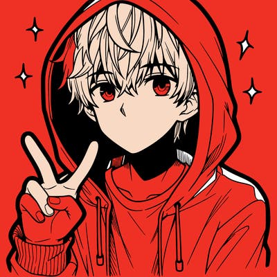 teenage manga boy in a hoodie, doing ✌