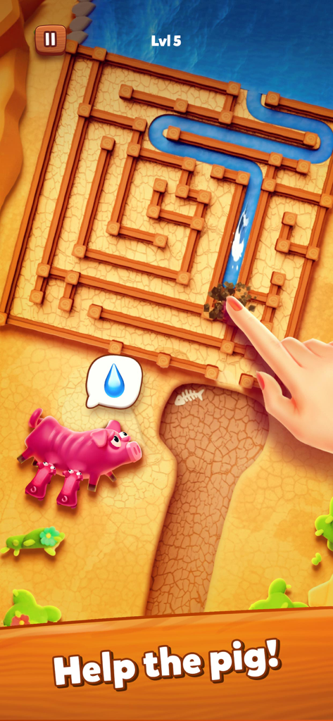 A hand navigating a wooden maze to deliver water to a thirsty pig