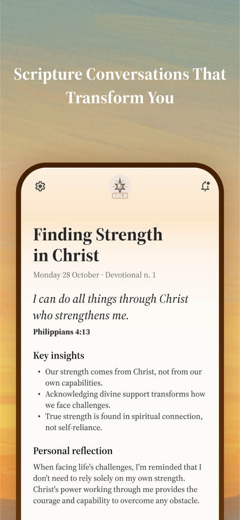 Faithy: Devotional & Prayer - Faithy app screen showing a daily devotional titled Finding Strength in Christ featuring Philippians 4:13 and key insights.
