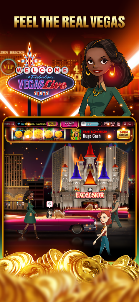 Vegas Live Slots Casino - Imagen promocional de Vegas Live Slots Casino que muestra un escenario clásico de Las Vegas con avatares y coches vintage.