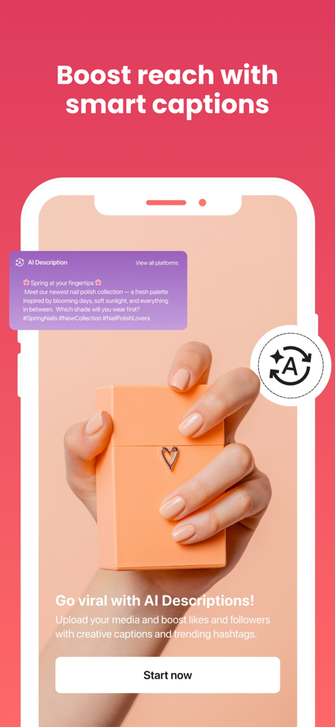 Storybeat App-Oberfläche, die KI-generierte Bildunterschriften und Hashtags zeigt, um die Reichweite in sozialen Medien zu erhöhen.