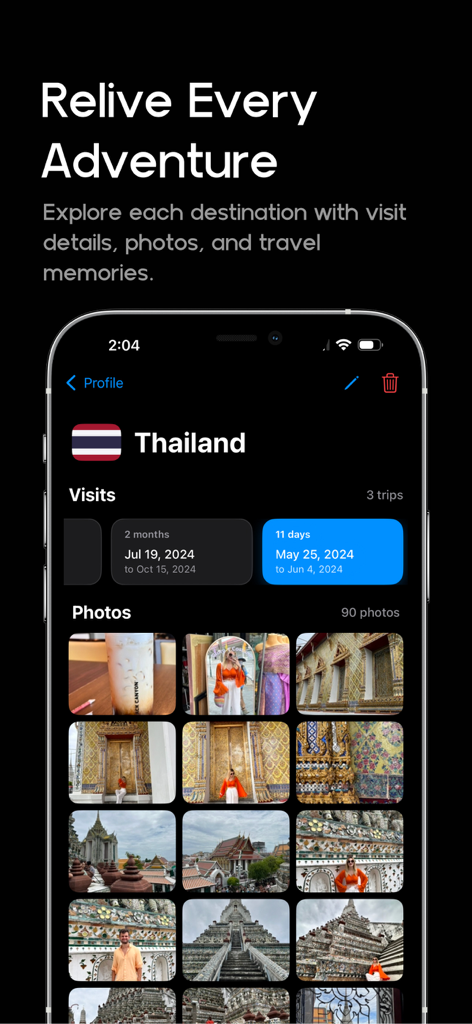 Profilo di viaggio in Thailandia nell'app MileAway che mostra date di visita e una galleria fotografica curata.