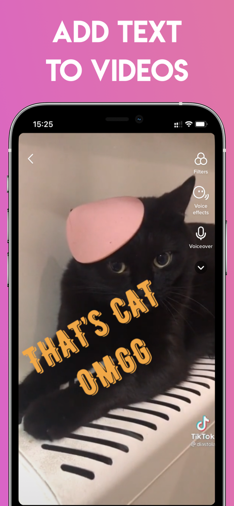 Fancy Fonts for Stories - A mobile app interface showing a cat video with stylized orange text overlay saying THATS CAT OMGG