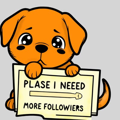 a puppy that is holding a sign that says please i need more followers