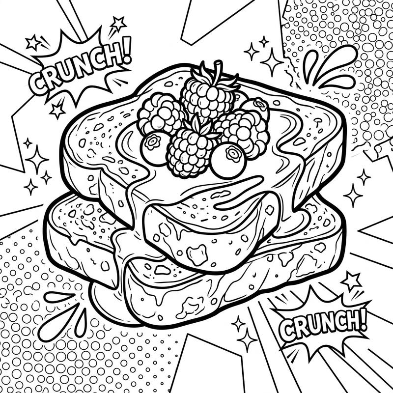 Get ready for a vibrant breakfast! This Pop Art French Toast coloring page combines delicious details with a bold, comic-book aesthetic, perfect for a fun and creative coloring session.