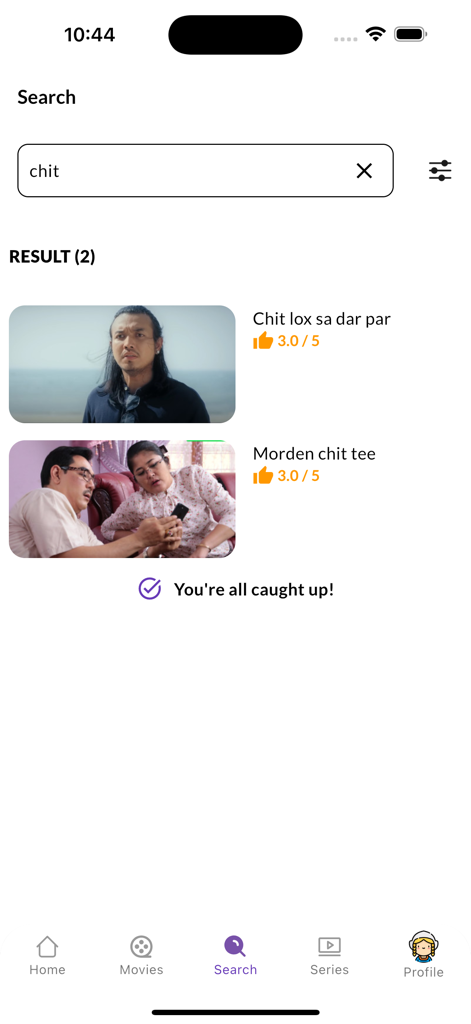 A search screen in the ShowLike app displaying movie results with ratings for a specific search query.