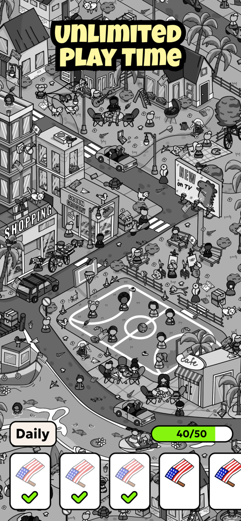 Scena cittadina in scala di grigi in Hidden Objects The Journey con un campo da basket e vari oggetti nascosti da trovare.