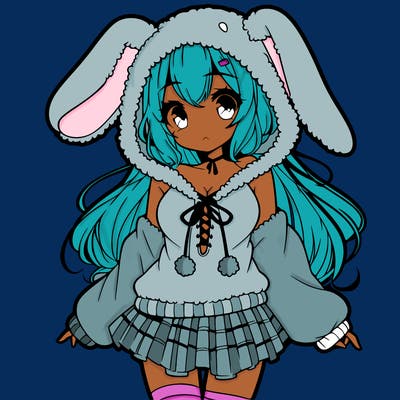pretty anime girl wearing a fluffy hoodie with bunny ears on the hood and a skirt
