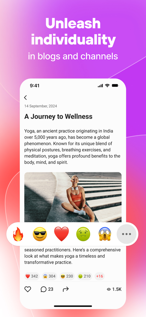 Online Messenger - Gem Space - Smartphone screen showing a wellness blog post with reaction emojis in the Gem Space app