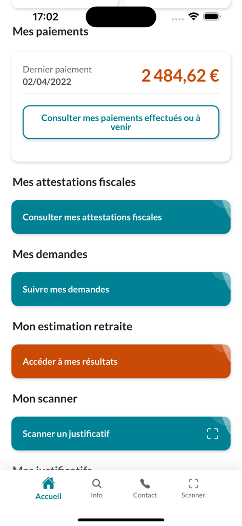 Mon compte retraite app dashboard displaying pension payments and links to tax certificates and retirement estimates