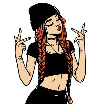 realistic teenage girl with braids and a beanie and crop top doing 🫶🏼